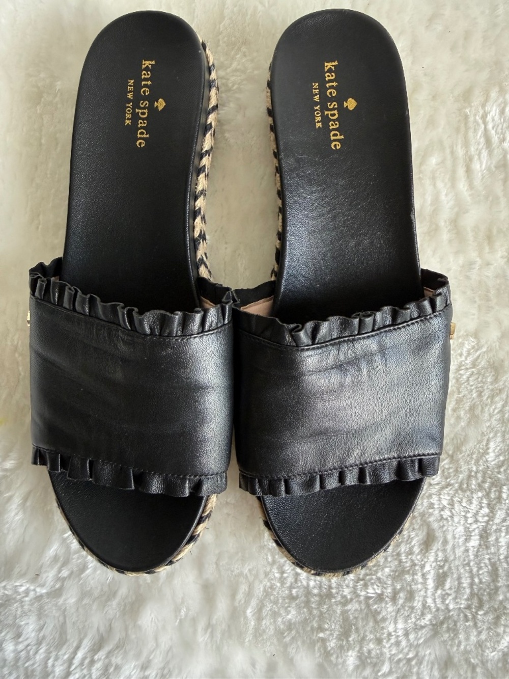 Kate Spade Zahara Black Leather Ruffle Espadrille Slide Sandals Size 9